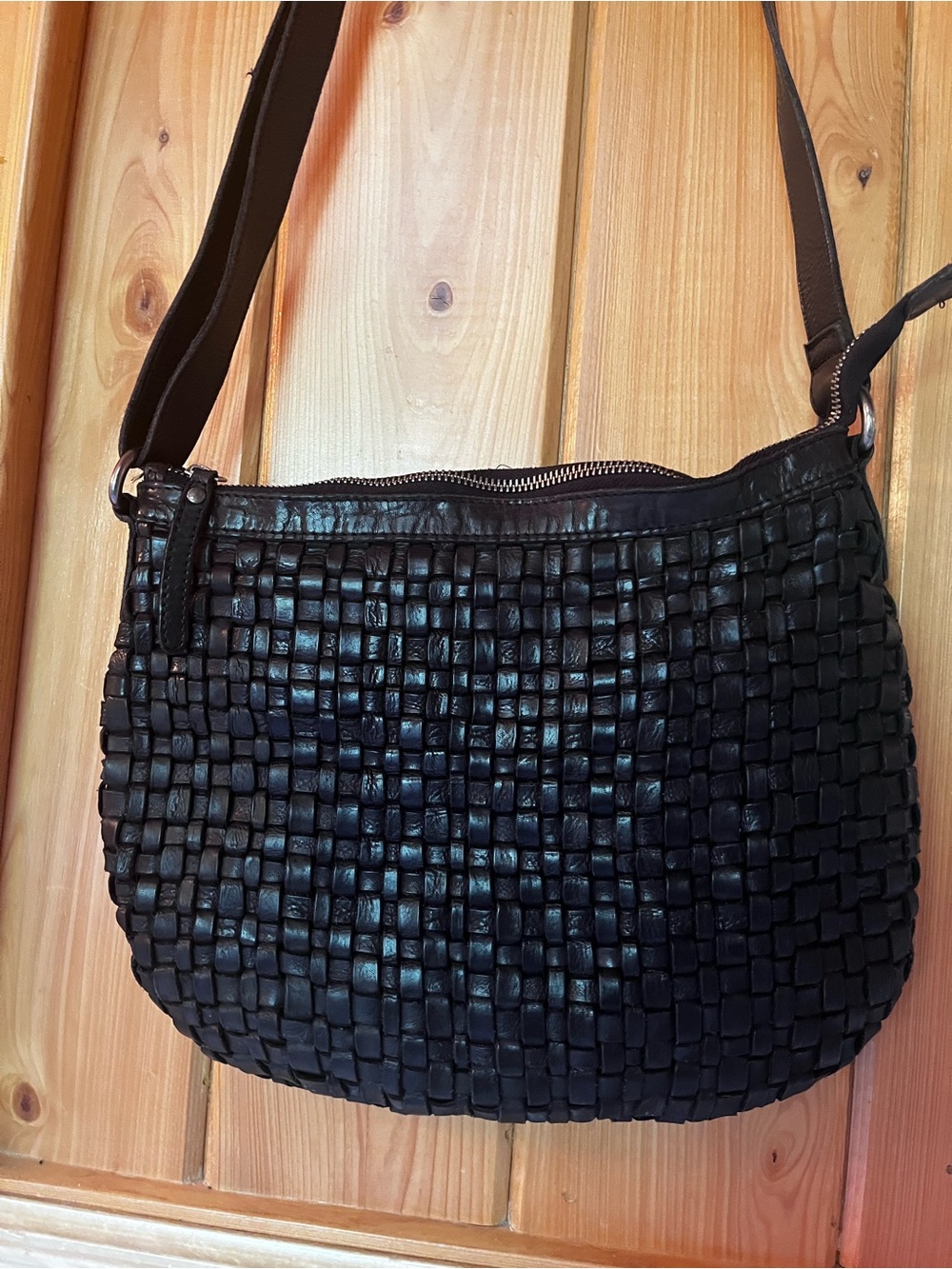 Woven Leather Shoulder Bag in Black